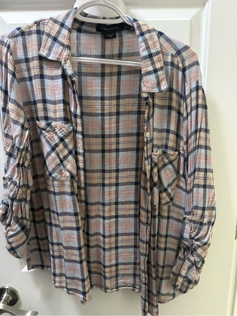Sanctuary Plaid Boyfriend lightweight button up Shirt in Pink & Navy, medium